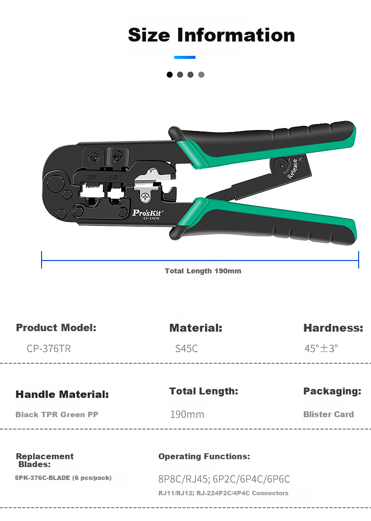 Pro'sKit CP-376TR Network Cable Crimping Tool 4P/6P/8P Multi-Function Professional Ratchet Crimper for RJ45/RJ11/RJ12 Connectors 11