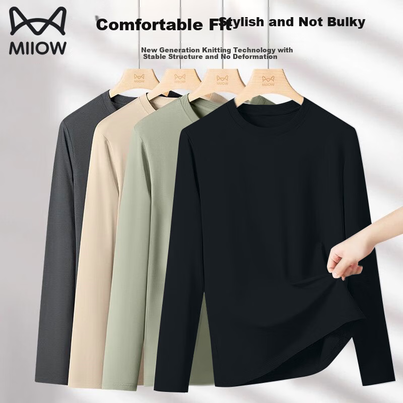 Miiow 230G Xinjiang Long-Staple Cotton Heavyweight Men's T-Shirt Spring Autumn Long Sleeve Solid Color Sweatshirt Basic Shirt for Men