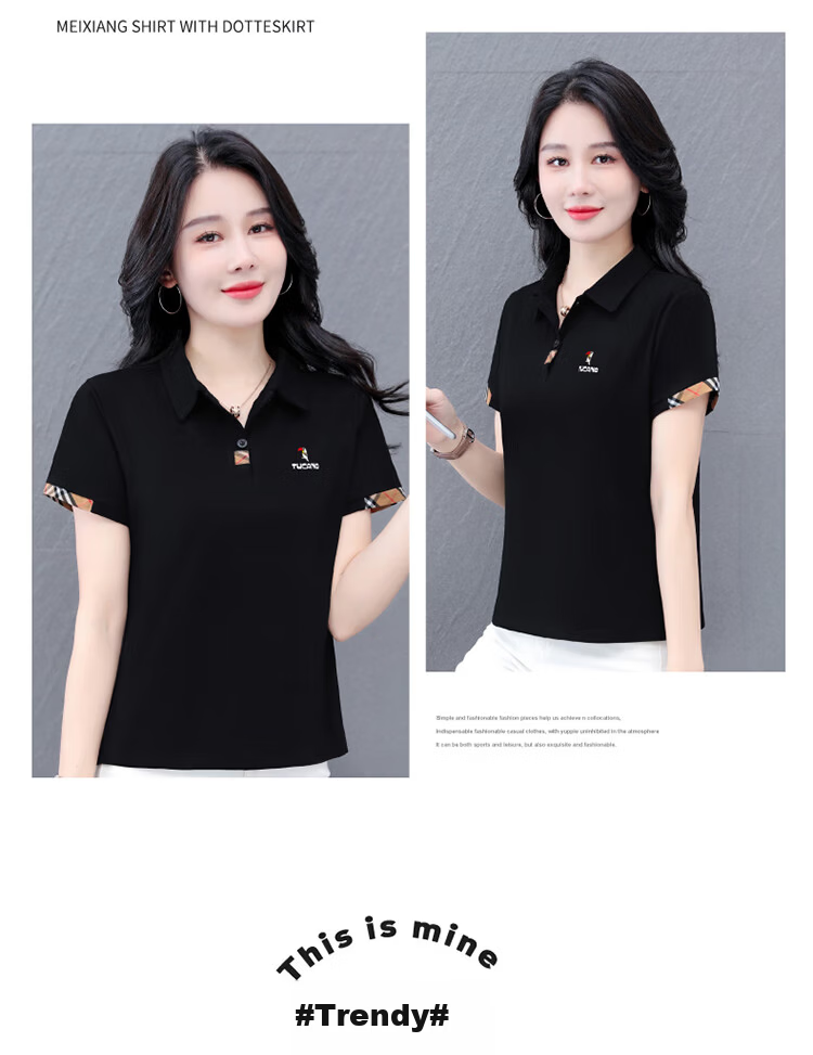 Woodpecker Women's Summer New Polo Shirt Short Sleeve Turn-down Collar T-shirt Pure Cotton Slim Fit Sports Casual Top Black XL 8