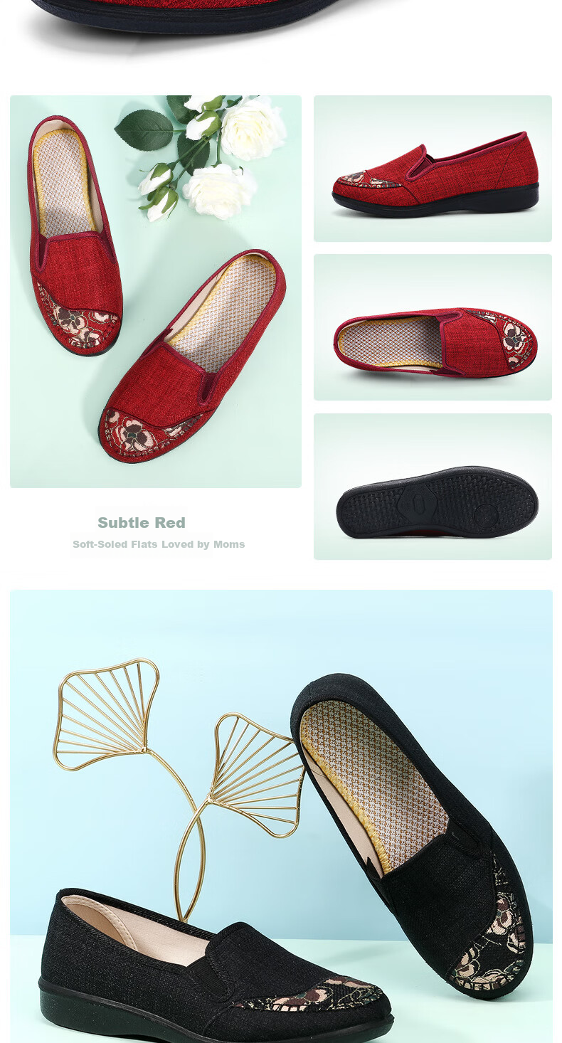 BUSHEYUAN Women's Flat Round-Toe Slip-On Soft Sole Breathable Casual Shoes for Moms, Easy Wear Lazy Shoes, Middle-Aged and Elderly Beijing Cloth Shoes, Black, Size 36, Model 210-1322 12