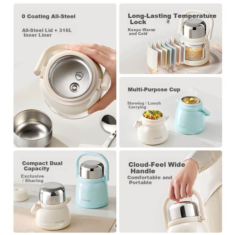Joyoung 316L Stainless Steel Vacuum Insulated Food Jar with All-Steel Lid Portable Thermal Lunch Box for Men, Women, and Students