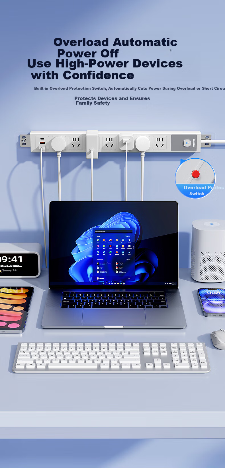 Sushiermo PDU Wireless Gaming Power Strip with Overload and Overpower Protection - 7-Port 2U1C Master Control Switch, Under-Desk Rack-Mounted Self-Wiring Socket 11