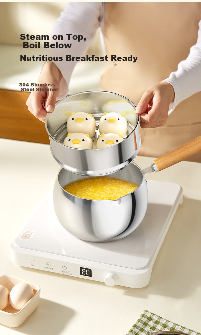 PLODON Baby Food Pot Milk Pot 316L Stainless Steel Non-Coated Soup Pot Small Frying Pan Steaming and Cooking Integrated Infant Food Pot 9