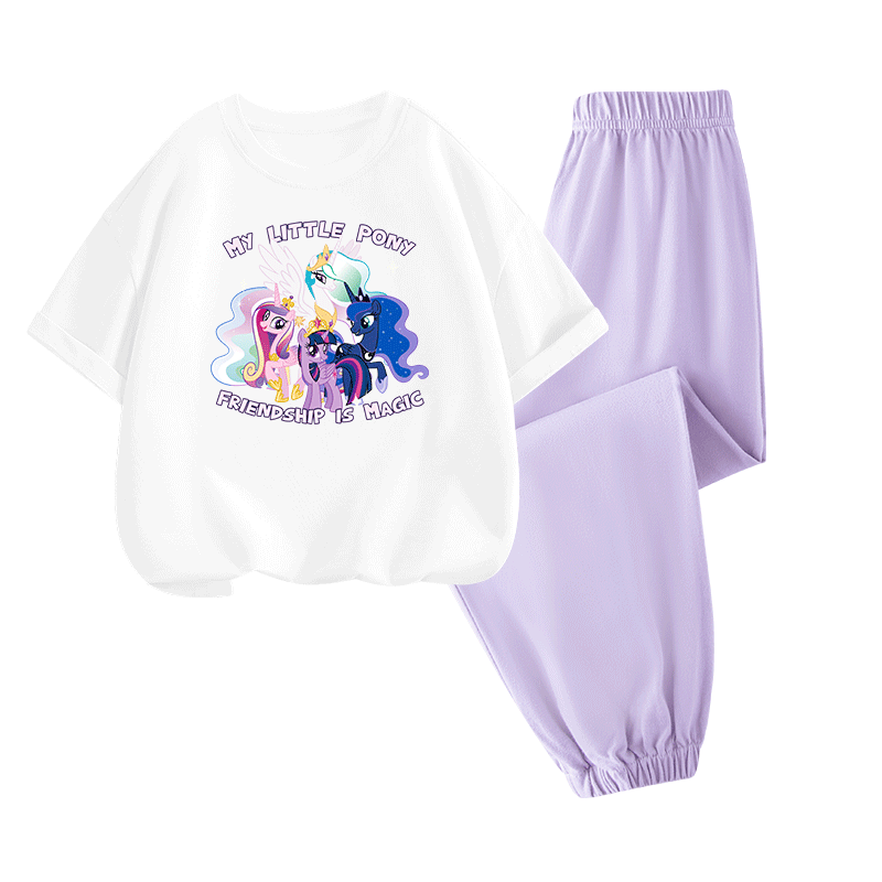 My Little Pony Girls' Summer Set Cotton Short Sleeve Mosquito-Proof Pants Two-Piece Outfit White+Purple Size 120