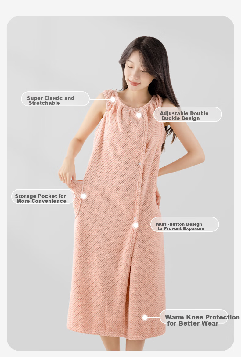Grace Women's Home Bathrobe Thick Wearable Absorbent Bath Towel Breathable Bath Skirt Pink 6