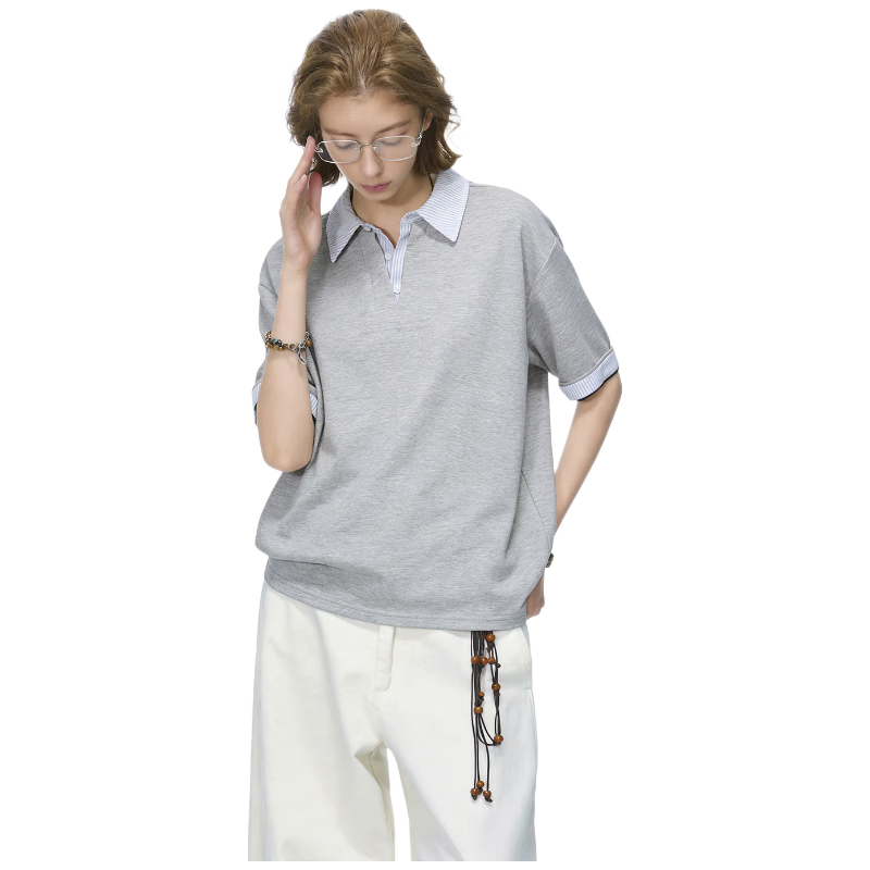 ICH MODE Intellectual High IQ Fake Two-Piece Striped Short Sleeve Polo Shirt Women Summer Couple T-Shirt Black XL