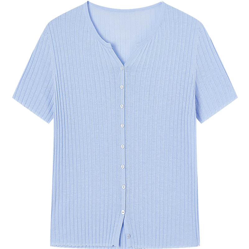 Yixiang Liying Solid Color Short Sleeve Linen Knit Top Women's New Soft Skin-Friendly Shoulder Fitting Inner Shirt Sky Blue M