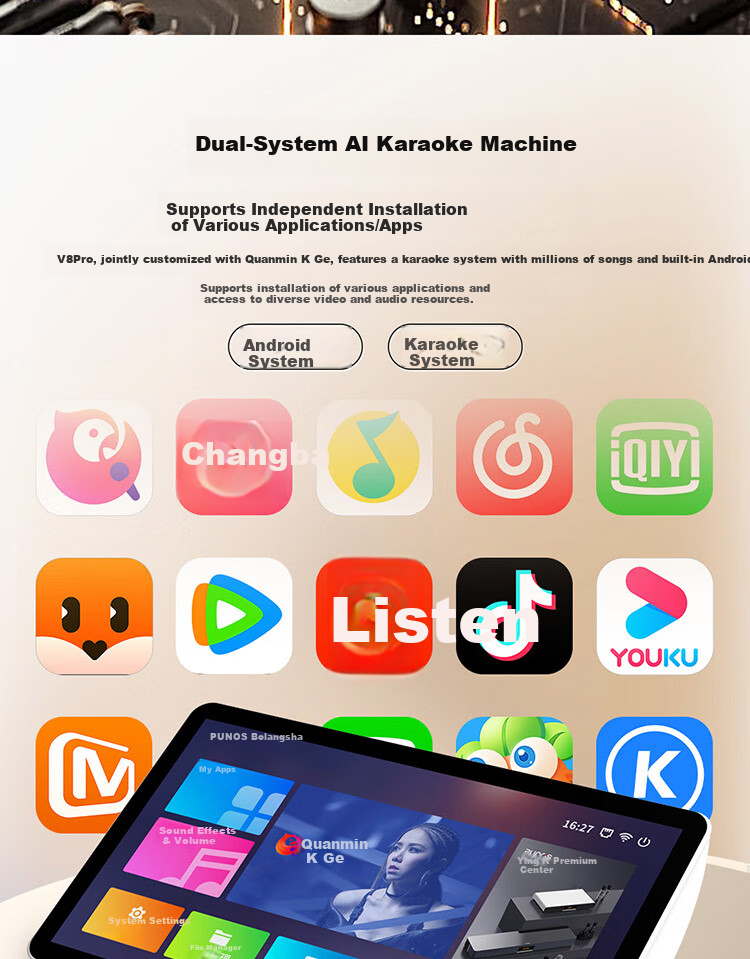 Punos/Bolangsha V8Pro All-in-One AI Voice Control HD Karaoke Machine with Custom Song Library for Quanmin K Ge, Touchscreen Mobile Song Selection, 21-inch, 10 Million Song Library 12