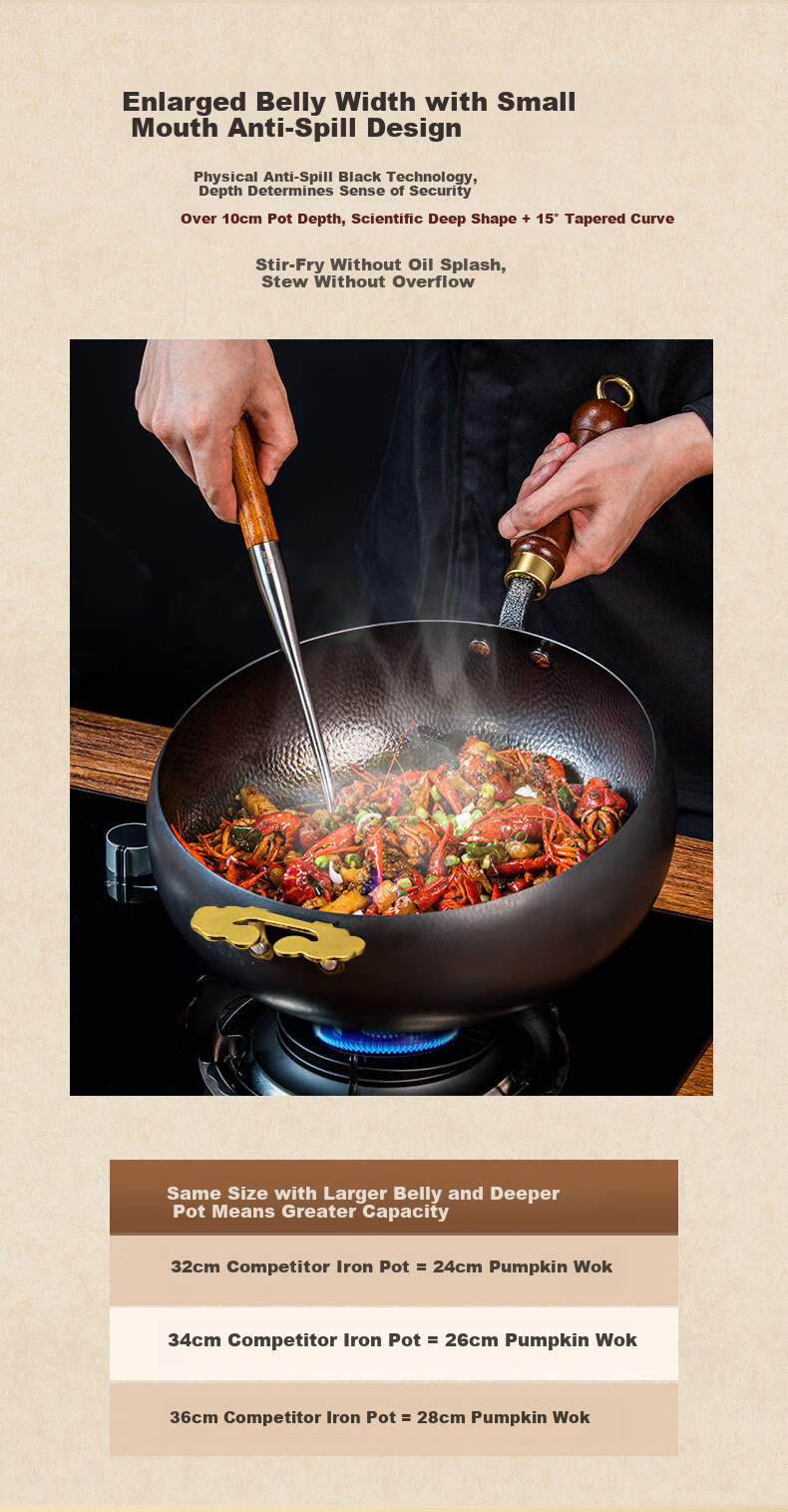 Guzhenjiang Large Belly Iron Wok, Non-Stick Frying Pan for Home Use, Non-Coated, Suitable for Induction And Gas Stoves, Three-Piece Set, with Handles, 28cm 4