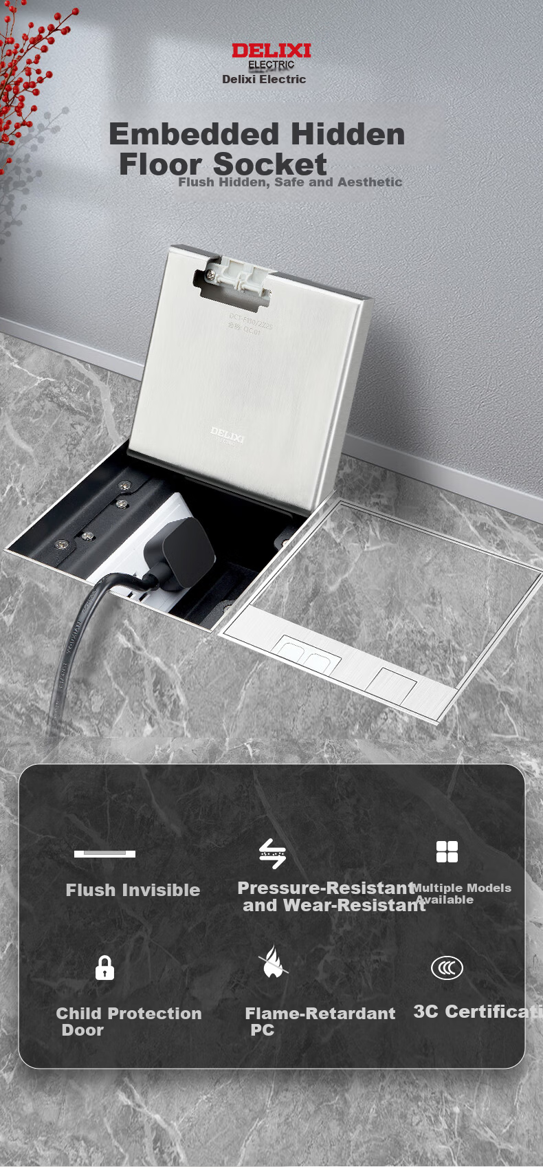 DELIXI Embedded Hidden Floor Socket for Marble Tile and Solid Wood Flooring, Flush Invisible Design, Five-Hole + Network Port 2