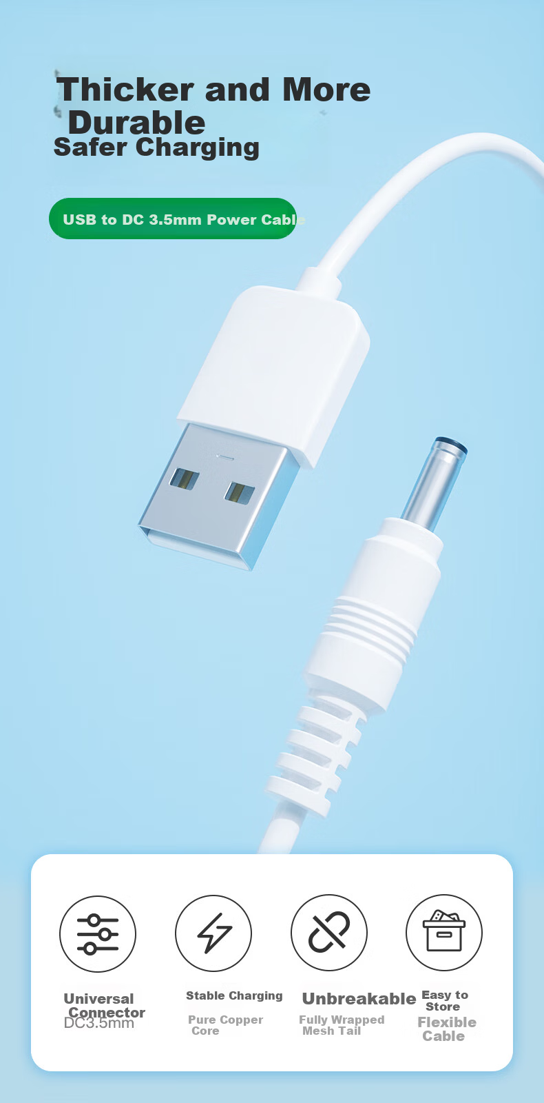 Jinling Shengbao Saky Electric Toothbrush Charging Cable for G5 Pro/G22/G32/B32/T2/T3/G33/M4/H3/H5 Water Flosser Round Hole Charging Cable DC3.5mm Power Cable 1m 1