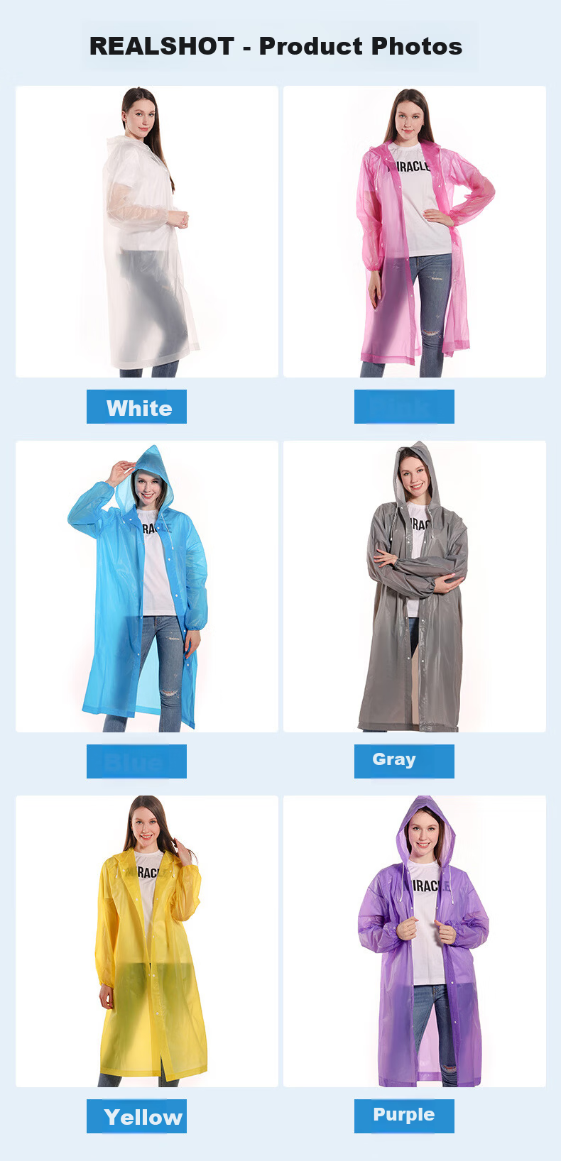 Zhongbaotang Thickened Adult Portable Rain Poncho Outdoor Cycling Hiking Long Hooded Disposable Adult Raincoat with Drawstring Blue 3