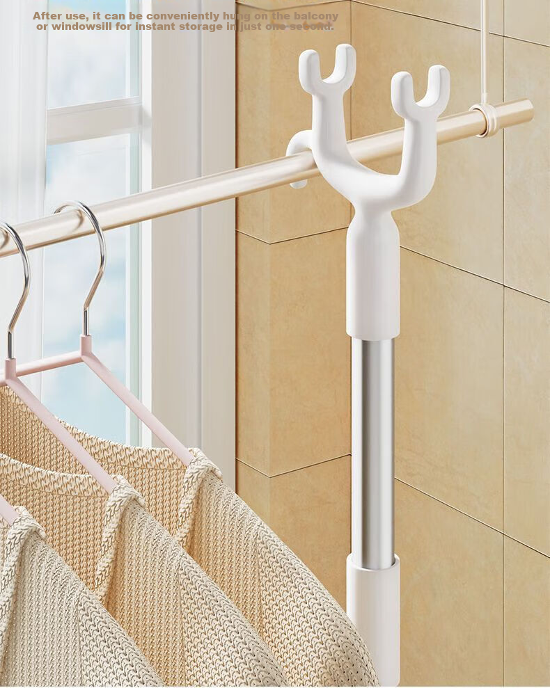 FAJIENUO Telescopic Clothes Drying Rod, Household Extendable Clothes Hanger Rod, Forked White Long Version [Adjustable 77-127cm] 4