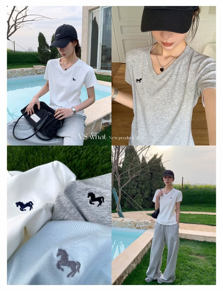 ICH MODE Women's V-Neck Pony Embroidered Short Sleeve T-Shirt Summer Tee 2026 New Slim Fit Top Heather Gray L 5
