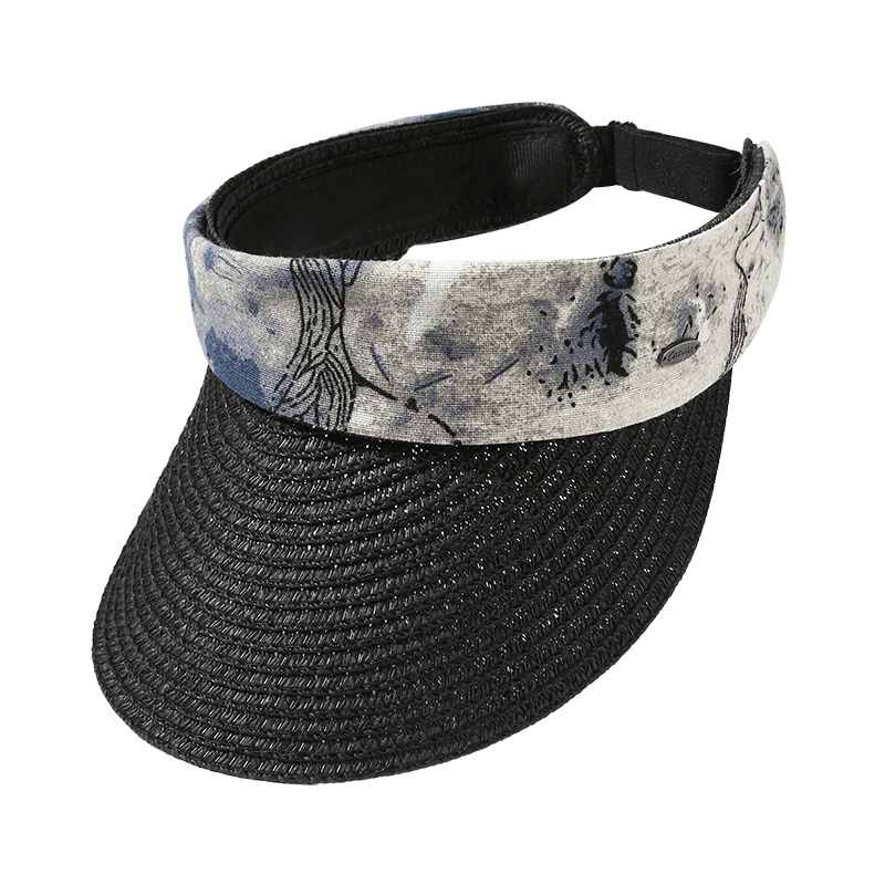 CACUSS Women's Summer Straw Woven Open-Top Hat Large Brim Sun Hat Outdoor Beach Sunshade Hat Ink-Dyed Blue