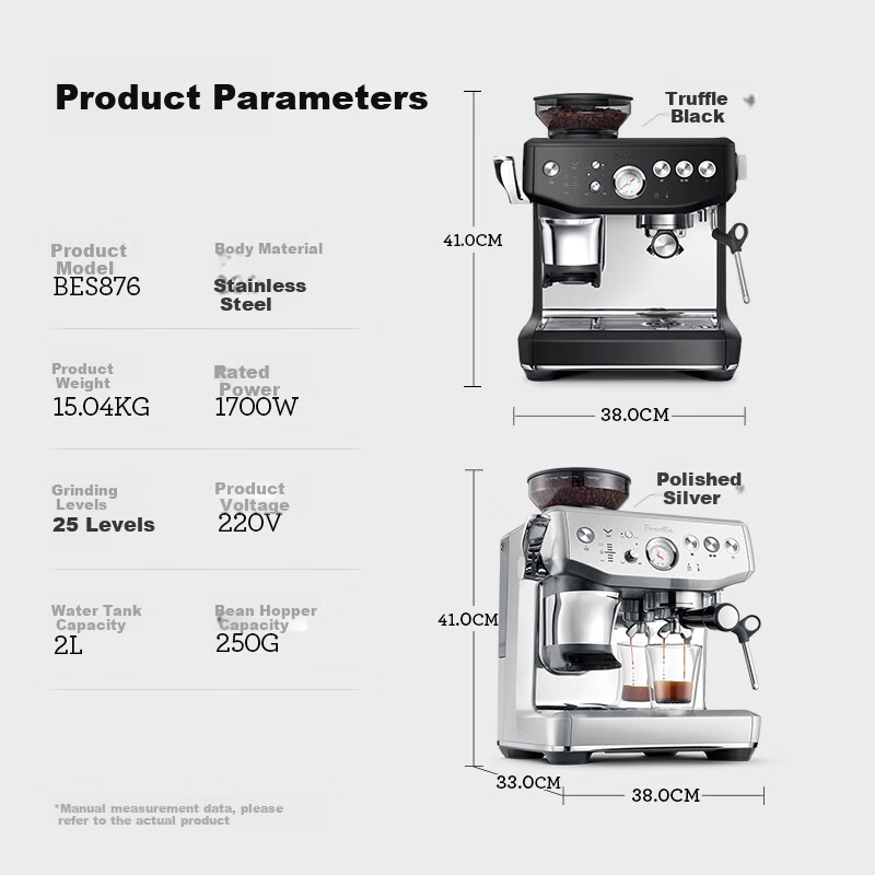 Breville BES876 Semi-Automatic Espresso Machine Home Use Italian Style Integrated Grinder and Milk Frother Smart Tamper Assistance System Large Capacity Water Tank 25-Level Grinder