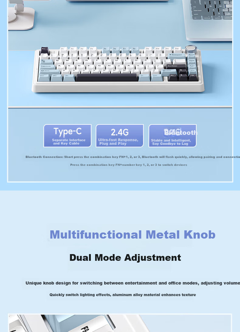 AULA F75 Wireless Customizable Mechanical Keyboard Wireless Bluetooth Tri-Mode Wired Gasket Structure 80-Key Hot-Swappable Gaming Office Glacier Blue Reaper Switch 17