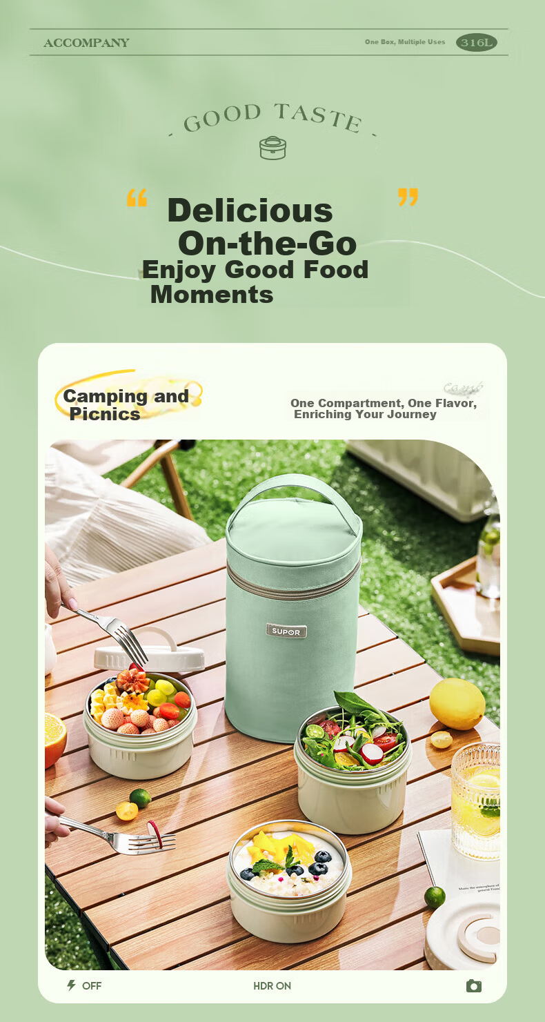 SUPOR 316L Stainless Steel Lunch Box Pot Two-Piece Set with Basil Green Lunch Bag for Students and Office Workers Outdoor Bento Box 17