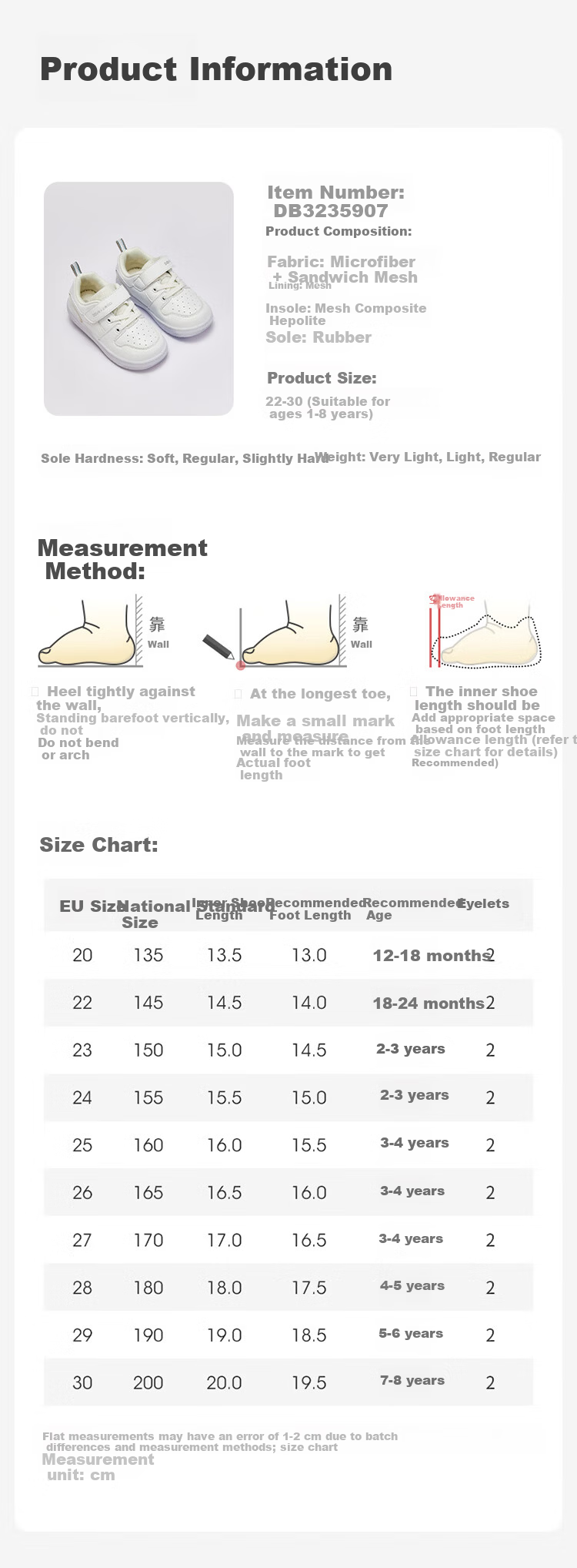 DAVE & BELLA Girls' Sneakers, Children's Baby White Shoes, Soft-Soled Shoes, Spring Boys' Kindergarten Children's Shoes, Functional 7