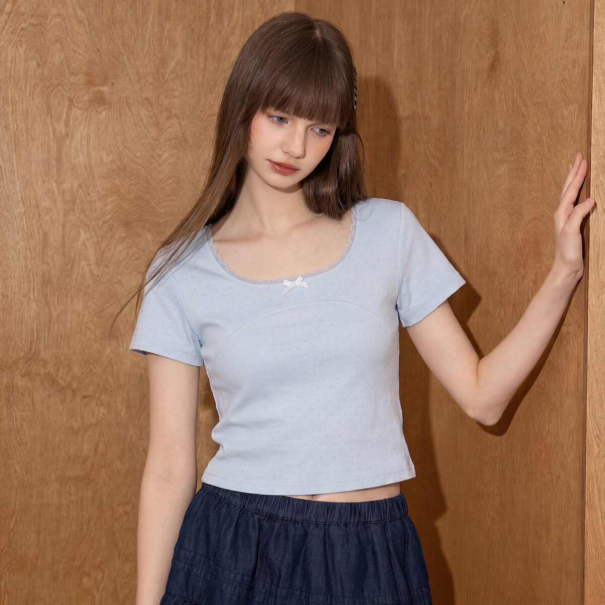 TonLion 2026 Summer Women's Lace Mid-Short Sleeve T-Shirt Hollow-Out Design Versatile Elegant Youthful T-Shirt
