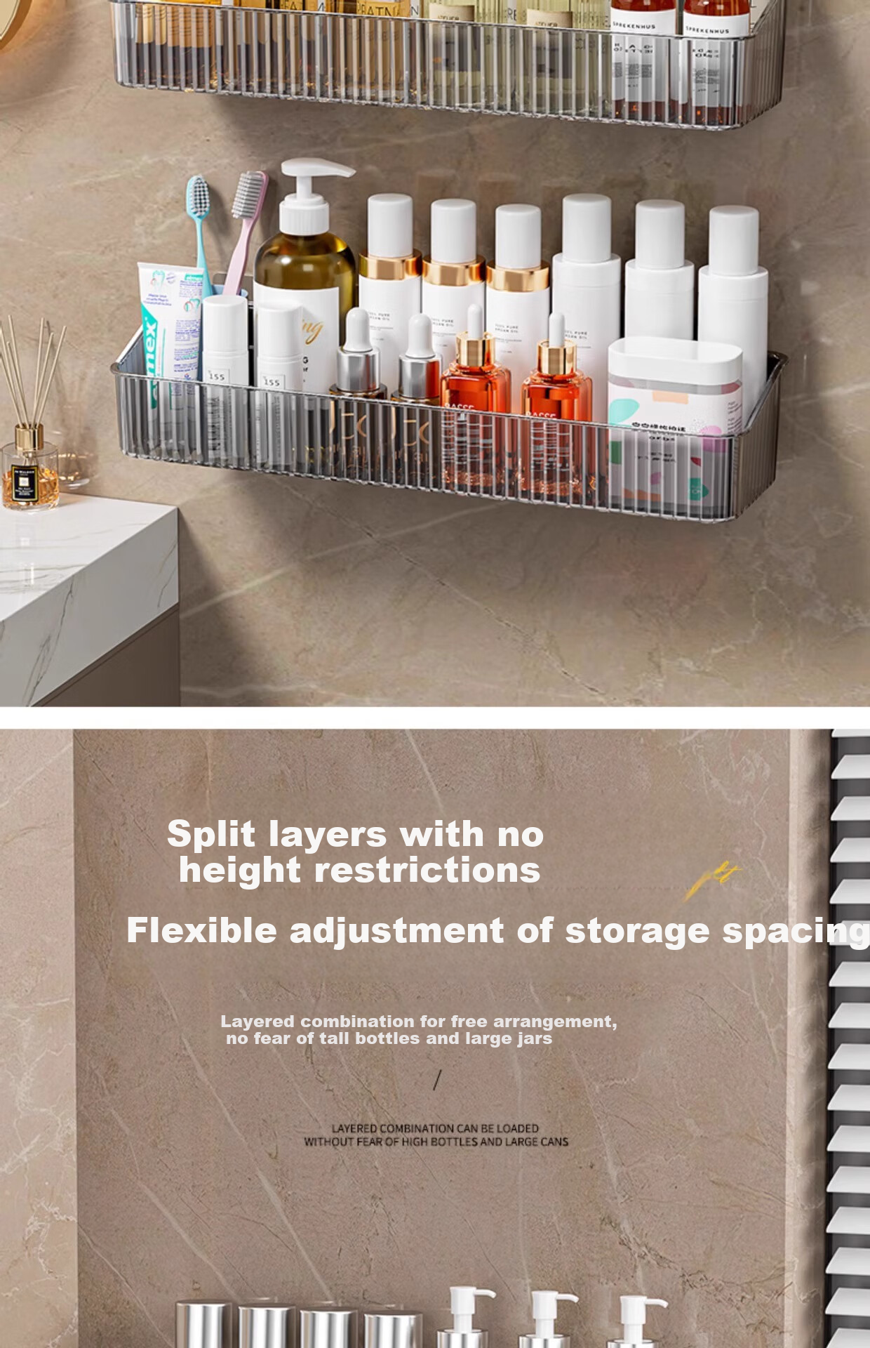 MUYA Suction Cup Storage Rack, No Drilling Required, Detachable, Bathroom Vanity Organizer, Light Luxury Style, Hollow Baked Paint Finish 3