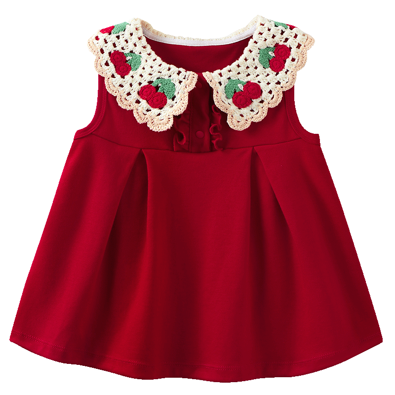 Youqi Girls 2026 Summer New Red Cherry Lightweight Breathable Sweet Princess Dress for Toddler Birthday