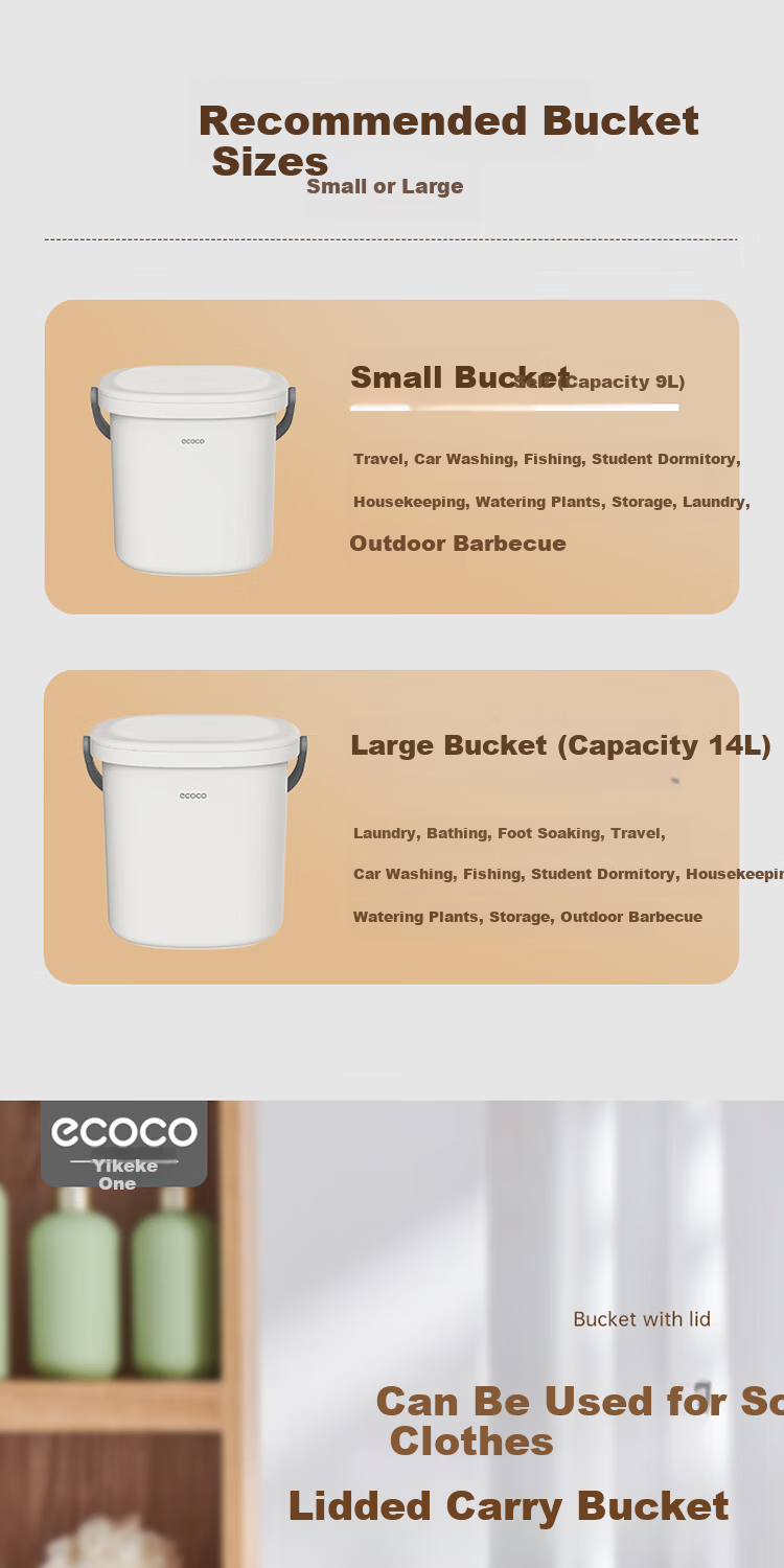 Ecoco 9L Portable Bucket with Lid, Student Dormitory Wash Bucket, Children's Foot Soaking Plastic Small Water Bucket E24146 Standard Edition 2
