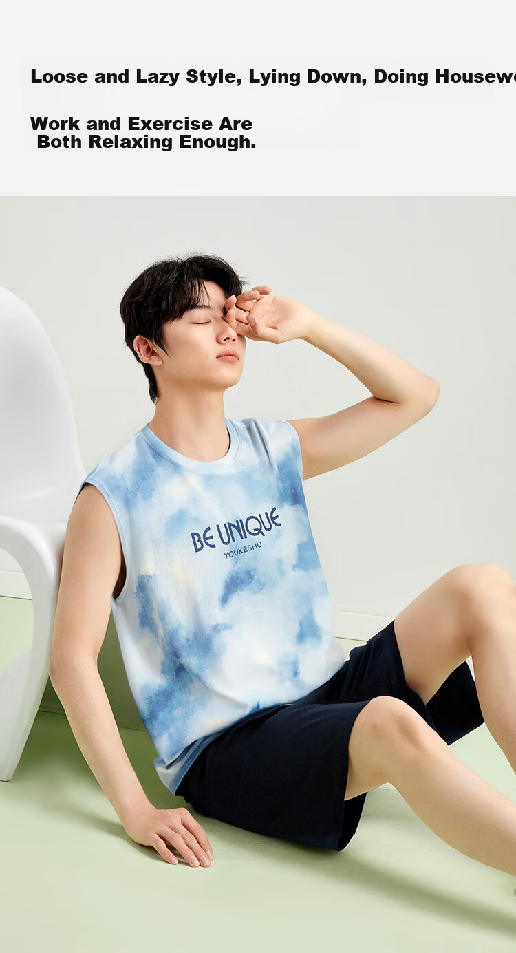 Youkeshu Men's Summer Pajamas [5A Antibacterial] 100% Cotton Sleeveless Vest Set Suitable for Outdoor Wear 7