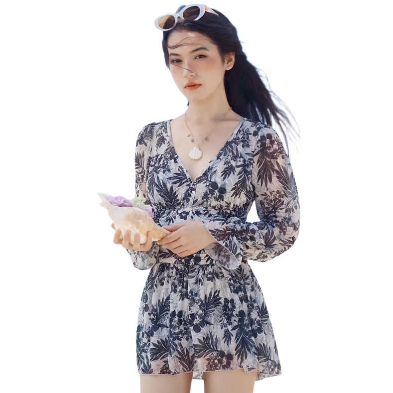 Sanqi Women's One-Piece Swimsuit Skirt Style V-Neck Tummy Control Slimming Vacation Hot Spring Long Sleeve Plus Size Fairy Style Swimwear 2XL