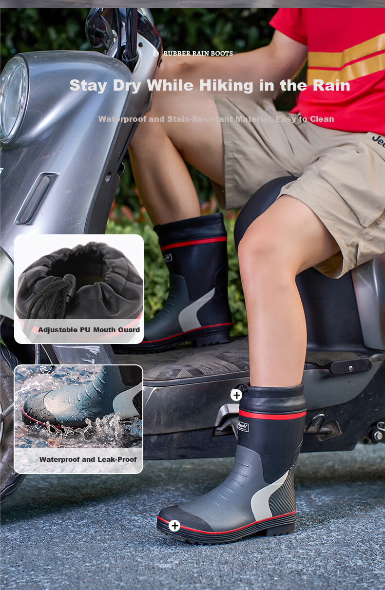 Jolly Walk Water Shoes, Rain Boots for Men, Mid-Calf Waterproof Fishing Boots, Overshoes, Rubber Boots, JW219, Red And Black, Size 40 6