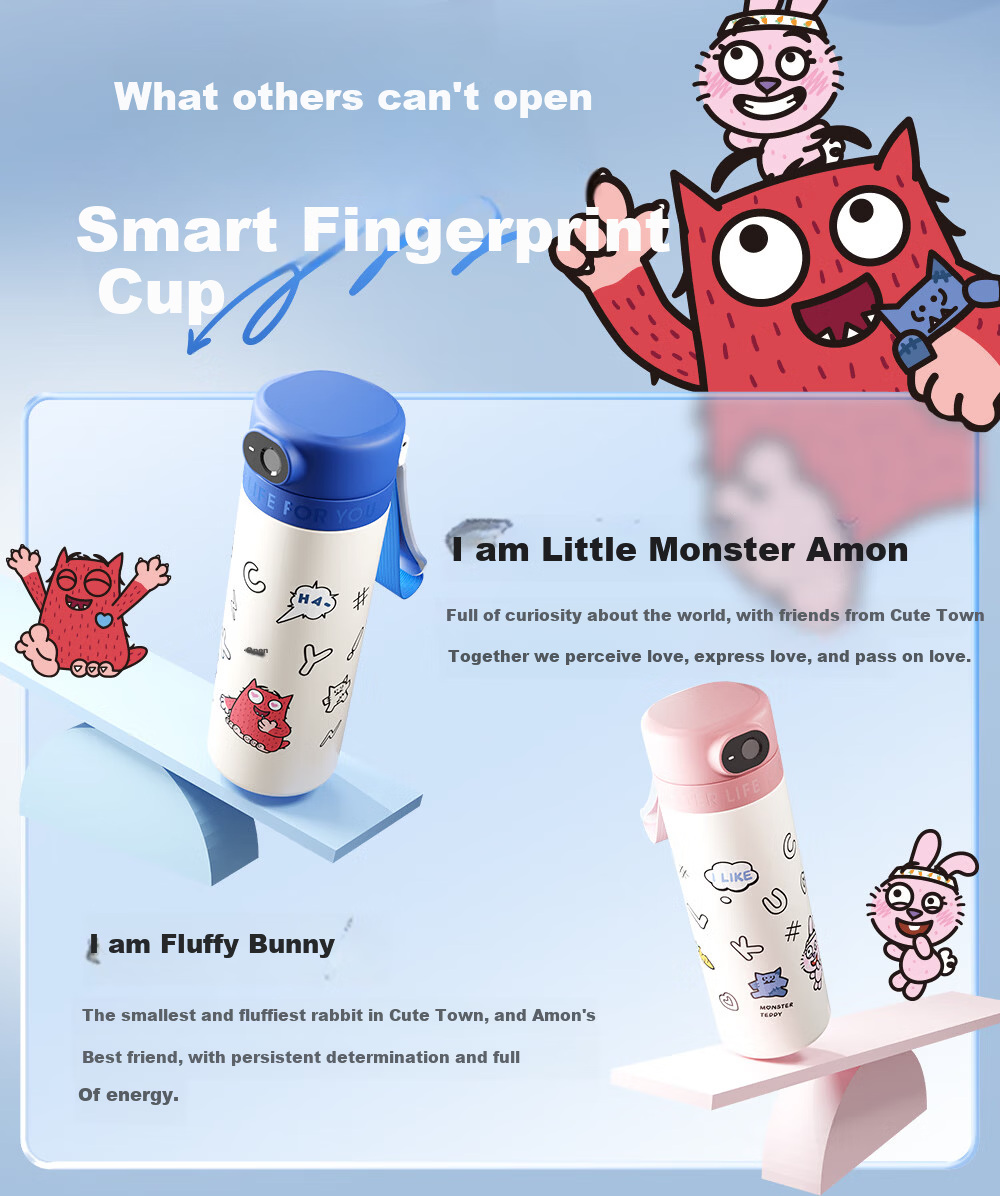 Fuguang Smart Fingerprint Cup, Unlock Password, Children's Thermos Cup, Student 316L Straw Water Bottle, Gift for Boys And Girls 4