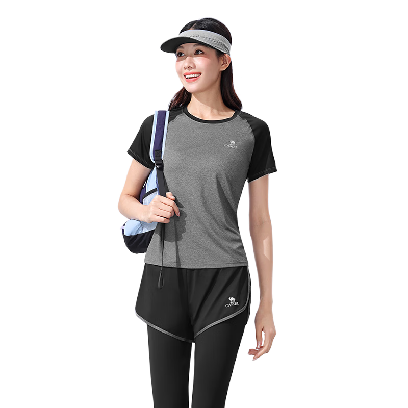 CAMEL Women's Sportswear Set, New Yoga Fitness Pilates Elastic Short-Sleeve Top And Long Pants, Anti-Exposure Two-Piece Athletic Outfit
