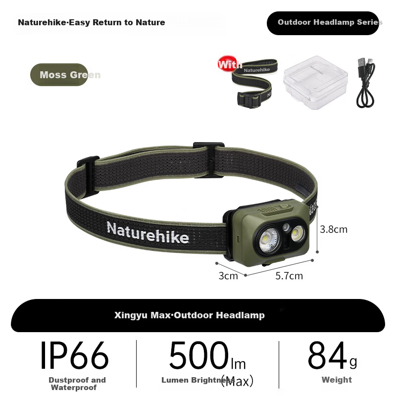 Naturehike Waterproof Outdoor Headlamp Rechargeable Long Battery Life Fishing Hiking Night Fishing Light Moss Green - Rechargeable Model