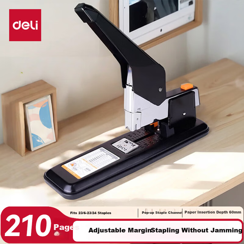 Deli 210-Page Heavy-Duty Large Stapler, Thickened Heavy-Duty Stapler with Pop-Up Structure, Black 0299
