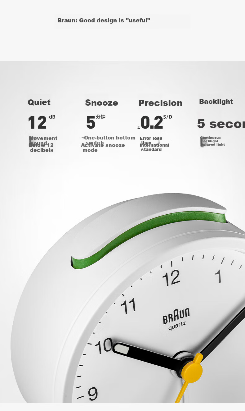 BRAUN German Brand Imported Mini Alarm Clock, Compact Design with Loud Volume, Powerful Wake-Up Device, One-Button Snooze Function, Night Light, Bedroom Bedside Clock, Birthday Gift for Friends, Back-To Season Present 7