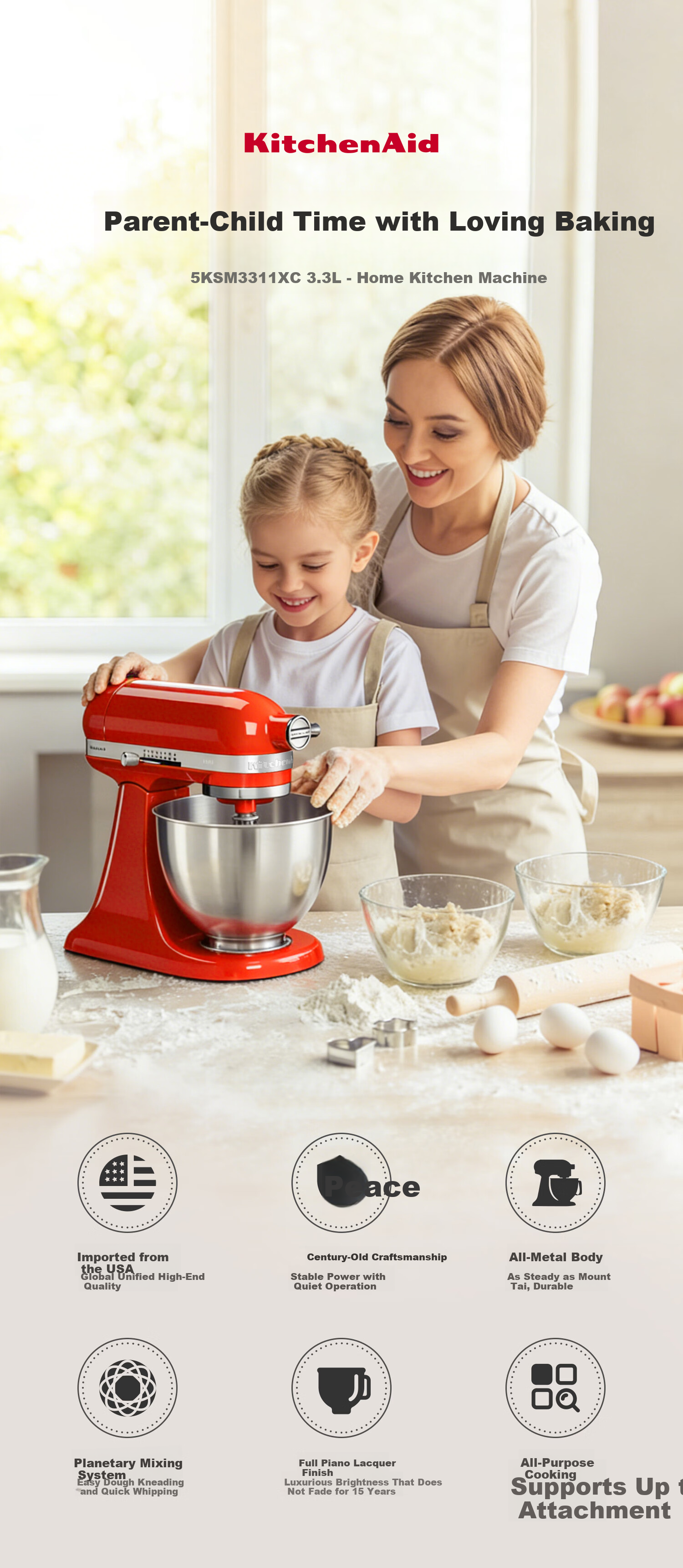 KitchenAid 3.5QT Multifunctional Stand Mixer Home Small Dough Kneading Machine Warm Orange 5KSM3311XCHT 1