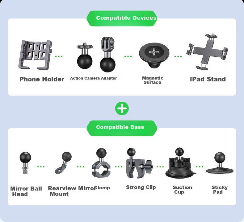 FANAUE Motorcycle Phone Ball Head Mount, 25mm Ball Head Sports Camera Accessory, Aluminum Alloy Extension 6cm, Quick-Release Anti-Theft Clamp DA-60F 11