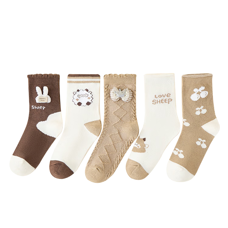 MiiOW Children's Socks, Girls' Mid-Calf Socks with Lace Trim for All Seasons, Casual Cotton Socks for Girls And Babies, 5 Pairs Per Pack