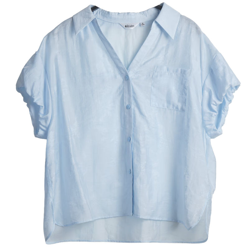 Olrain Eurier Summer New Tencel Puff Sleeve V-Neck Short Sleeve Shirt Women Loose Commuting Top Blue S