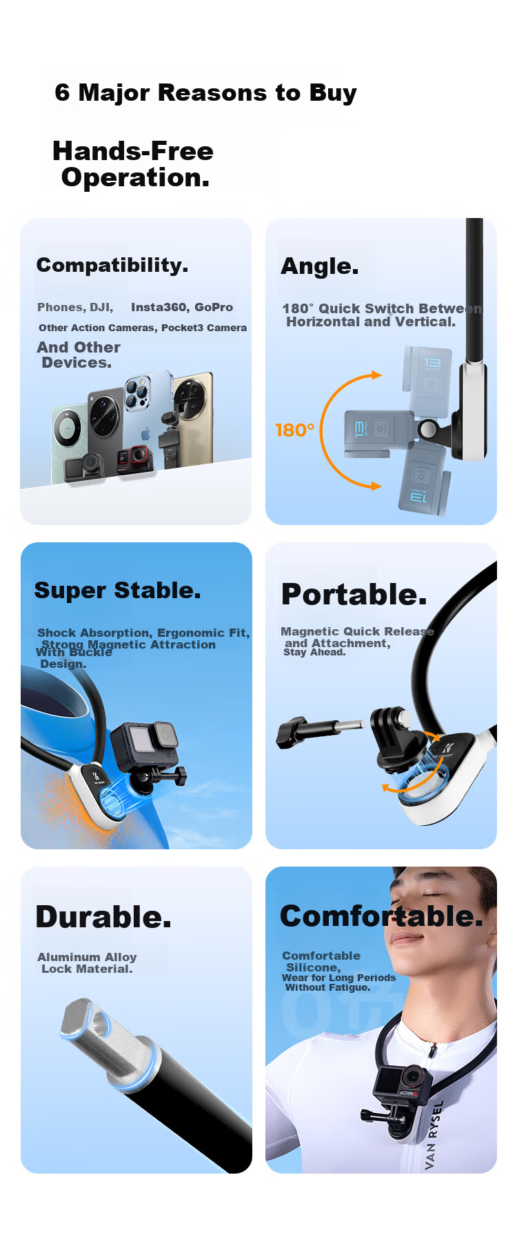 K&F CONCEPT Magnetic Neck Strap Mount for DJI Action 5 Pro/4 Pocket3, Insta360 Ace Pro Nano, First-Person POV Sports Camera and Mobile Phone Holder 2