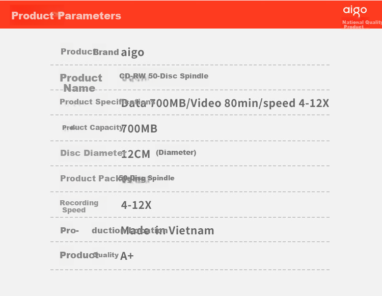 Aigo CD-RW Blank Disc/Rewritable Disc 4-12x Speed 700MB Taiwan Made 50-Pack Barrel 3