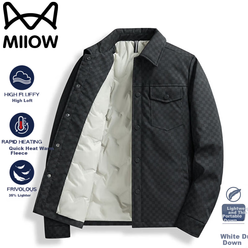 Miiow Men's Autumn Winter Down Jacket Casual Lapel Versatile White Duck Down Windproof Warm Black XL
