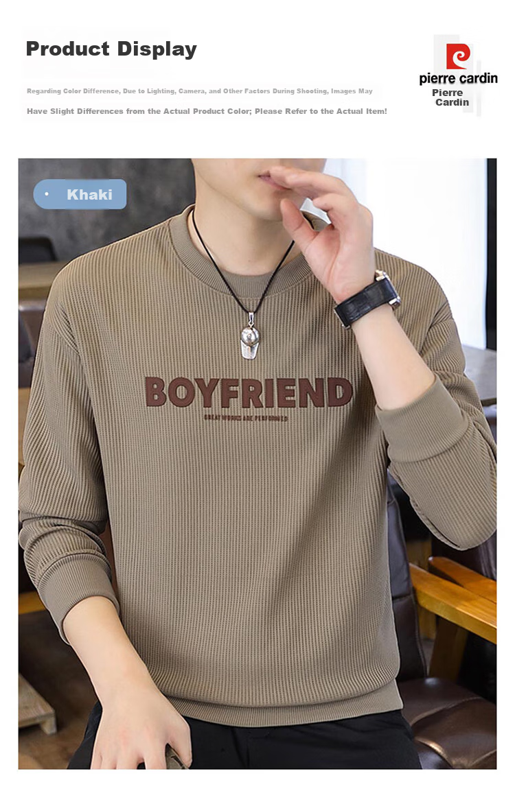 Pierre Cardin Men's Sweatshirt Spring Autumn Embroidered Heavyweight Long Sleeve T-Shirt Casual Base Layer Khaki M 5