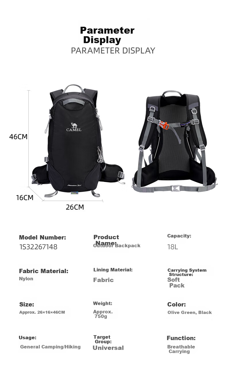 CAMEL Dawn Outdoor Lightweight Hiking Backpack Sports Camping Casual Travel Mountaineering Bag 1S32267148B Black 12