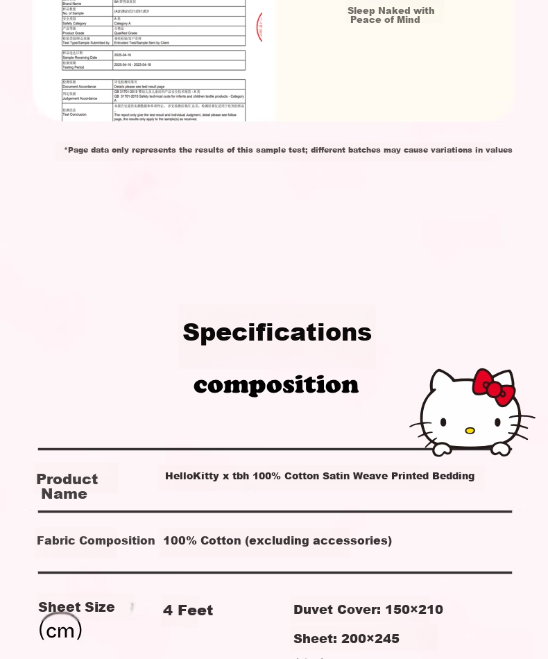 Tbh Sanrio Hello Kitty Cotton Satin Bowknot Print Bedding Set 4-Piece for 1.5m Bed with Fitted Sheet Sakura Pink 11