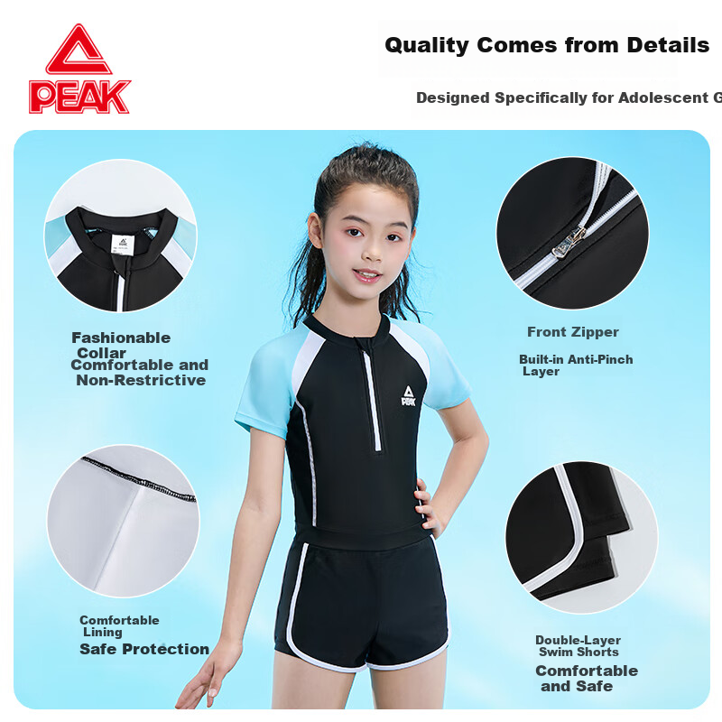 PEAK Kids Girls Colorblock Short Sleeve One-Piece Square Leg Conservative Casual Swimsuit Black Size 130