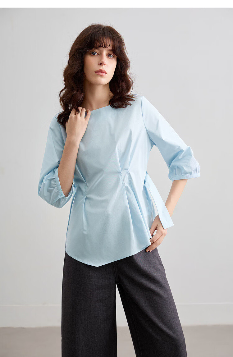 Demana Pure Cotton Breathable Summer Artistic Fresh Round Neck Slim Waist Shirt Women's Top 17