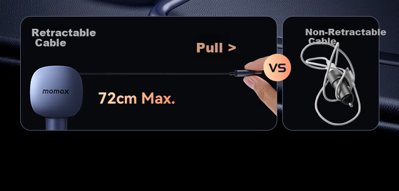 MOMAX Car Charger Super Fast Charging with Retractable Cable PD60W Cigarette Lighter Adapter Compatible with Huawei, Apple 15/16, Xiaomi, Android 8