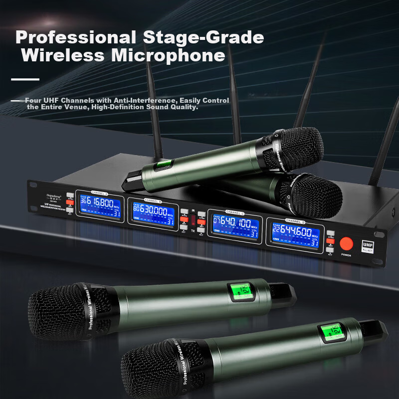Depusheng DR688 Professional Wireless Microphone System One Transmitter Four Receivers UHF FM Microphone 100m Transmission 200 Channels Anti-Interference for Stage Performance Speech Live Streaming KT