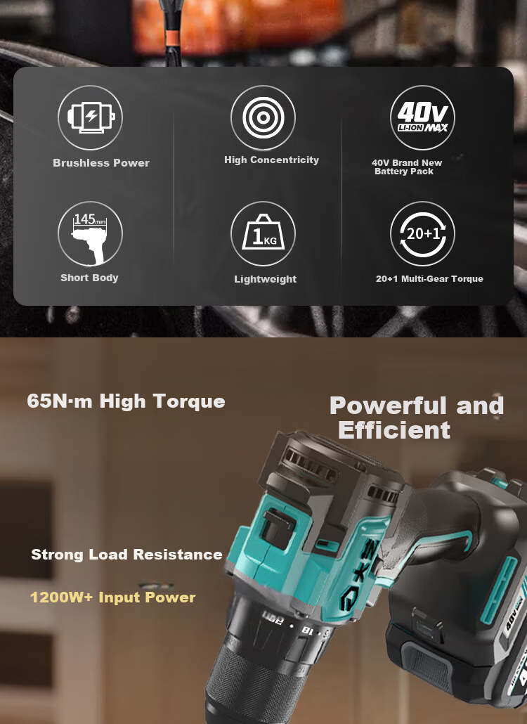 Dayi Electric Drill, 40V Rechargeable Hand Drill, Lithium Battery Brushless Drill, 65N Dual-Speed Multifunctional Hand Drill, Dual Battery 2